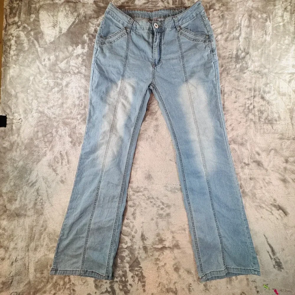 N.Y.K Women Size XL Blue Light Wash Seamed Flare Bootcut Denim Jeans Stretch